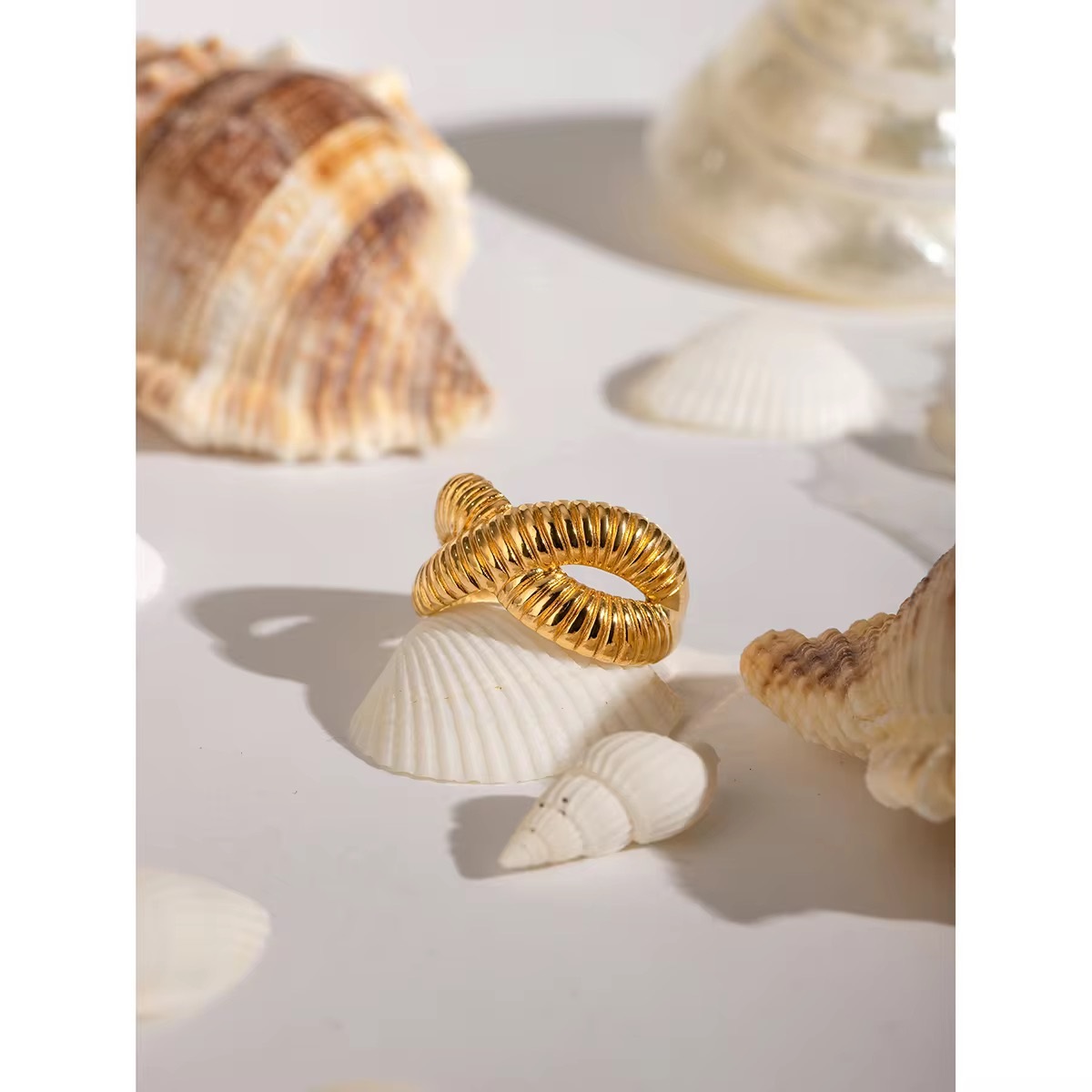 Shell Shape Cross Double Layered Geometric Ring